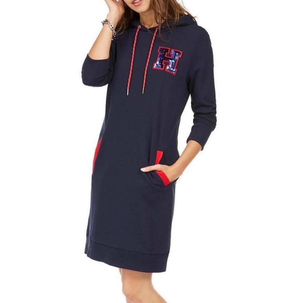 Tommy Hilfiger Women's Navy Hooded Sweater Dress with Red Details Size L